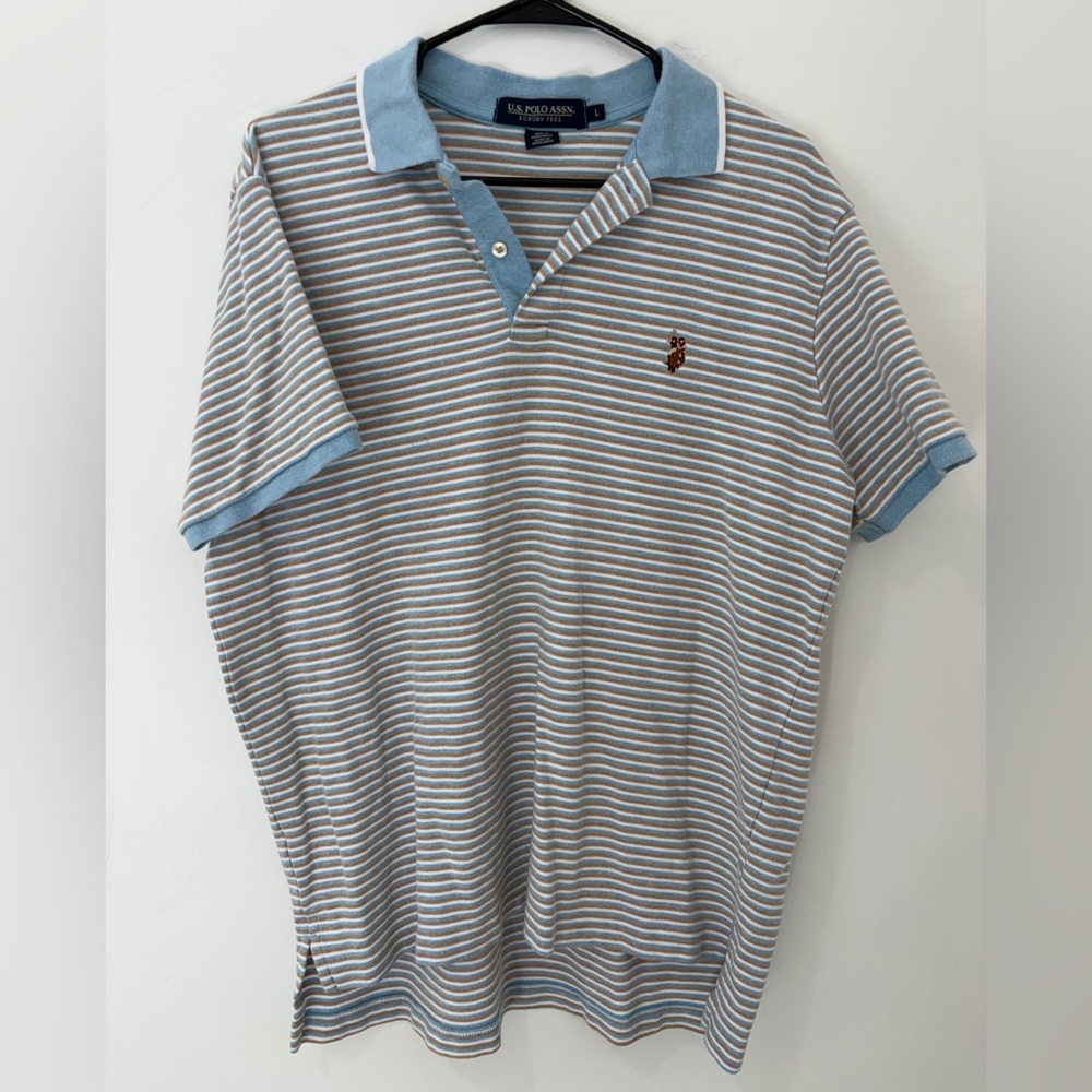 U.S. Polo Assn Striped Polo Shirt Blue Tan Size L Unisex